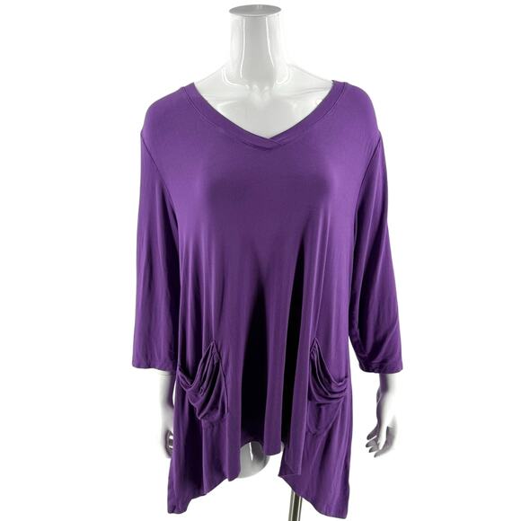 LOGO Lori Goldstein Purple Tunic Top Plus Size 1X Purple Sharkbite Hem Pockets - Picture 1 of 6